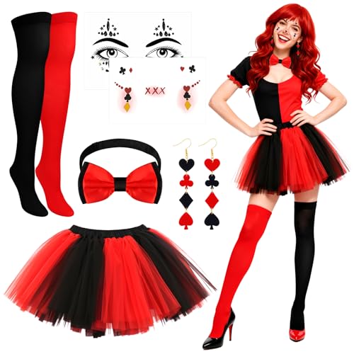 Grantop 8 fantasia de palhaço para mulher, fantasia de palhaço para Halloween, com meias, tutu saia, tatuagem, arlequim, carnaval, cosplay (8)