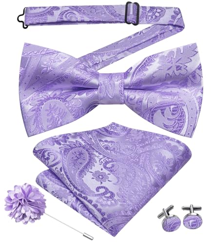 Image of Hi-Tie Bow Ties for Men Pre-Tied Pocket Square with Cufflinks Mens Bowtie Sets for Wedding Formal Party