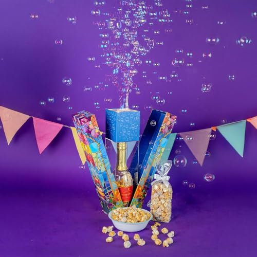 Birthday Bubble Box with Caramel White Chocolate Popcorn by Send A Cake Ready to Gift No Assembly Required - Happy Birthday Surprise - Unique Gift for Women Men Adult Kids