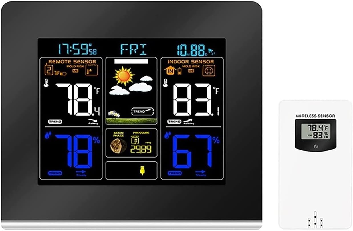 Weather Forecast Screen Color Clock, Indoor/Outdoor Humidity Temperature Sensor, Dimmer Backlight Function Snooze Clocks
