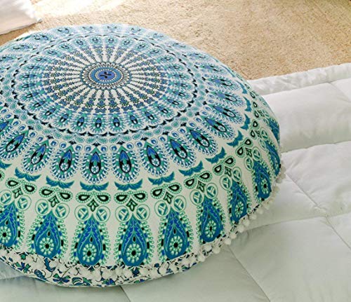 Popular Handicrafts Floor Pillow Cushion Cover - Hippie Mandala Cushion Cover Large with Pom Poms Soft Particles - Pouf Cover Round Bohemian Yoga Decor, 32