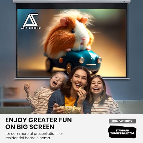 Image of Akia Screens 100 Inch Pull Down Projector Screen, Manual Retractable 16:9, 8K / 4K HD & 3D Ready, Ceiling or Wall Mount, Auto Locking White Indoor Projection Screen for Home Theater, Office, AK-M100H1