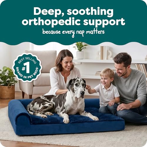 Image of Furhaven Orthopedic Dog Bed for Large Dogs w / Removable Bolsters & Washable Cover, For Dogs Up to 125 lbs - Plush & Velvet L Shaped Chaise - Deep Sapphire, Jumbo Plus /XXL