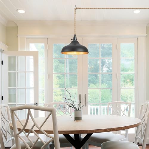 Image of Plug in Pendant Lights Dome Hanging Lamp with Dimmable Switch 15 Ft Long Hemp Rope Farmhouse Pndant Light Cord Lighting Fixture DIY Hanging Light