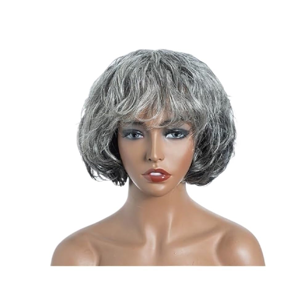 xiuling4568 8inch Grey Wavy Wig with Bangs for Women,Short Glueless, Pixie Cut, Salt and Pepper Wigs Hairs Extensions