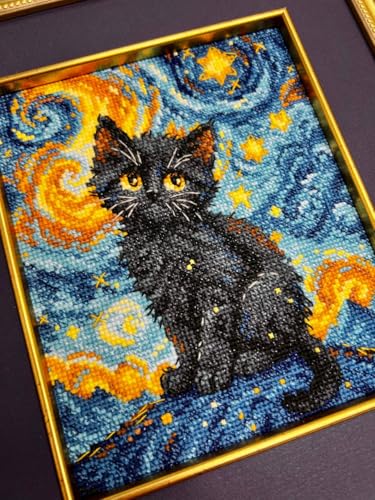 Image of RIOLIS - Starry Cat 2288, Cross Stitch Kits 6 inchx7 inch, Cat Cross Stitch Kits for Beginners & Advanced, Crossstitching Kit Adult, Animals Embroidery Counted Stitching Kit