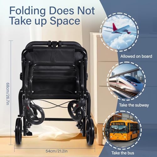 Image of 2026 Upgraded Wide Seat Transport Wheelchair, 18.1 inch Lightweight Foldable Travel Wheelchair for Seniors, Portable All-Terrain Transport Chair with Brake, Seat Belt, 300 lbs Capacity