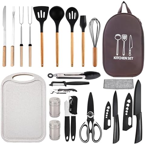 Pansyling Silicone Camping Cooking Set with Storage Bag, RV Camping Must Haves Car Camping Essentials Camper Accessories, Camping Kitchen Cooking Utensil for Picnic Hiking Travel Cover