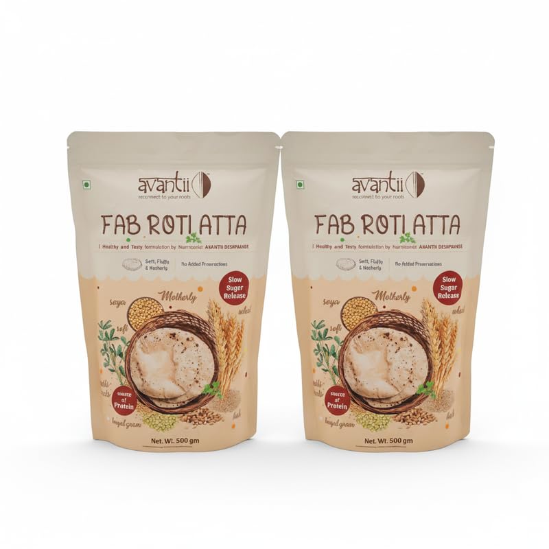 Image of Avantii Diabetic Fab Roti Atta | Soft Fluffy Rotis | High In Protein and Fiber | Flour | Breakfast | Instant Mix | Healthy Breakfast | 100% Natural Ingredients Each - 500g Pack of 2