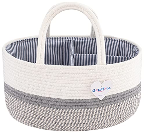 Image of GREATALE Baby Diaper Caddy Organizer - Portable Rope Nursery Storage Bin for Changing Table & Car - Diaper Storage Basket with Removable Divider (Grey)