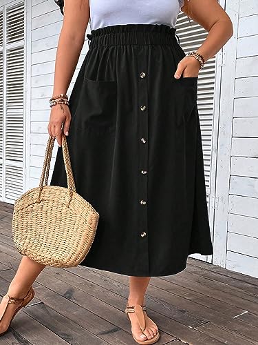 OYOANGLE Women's Plus Size A Line Midi Elastic High Waist Button Loose Skirt with Pocket3