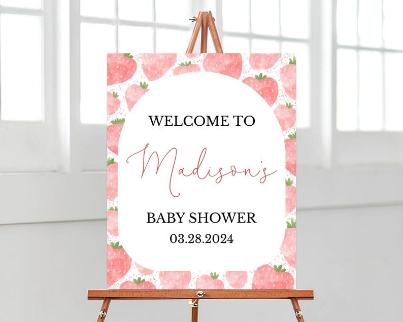 Personalized Baby Shower Welcome Sign, Pink Strawberry Baby Shower Sign, Berry Sweet Baby Shower Poster, Baby Shower Decor, Baby Shower Sign