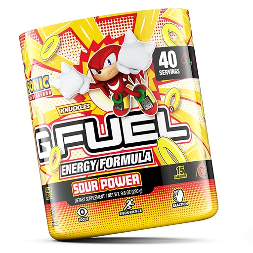 Image of G Fuel Knuckles' Sour Power Energy Drink Powder, Pre Workout Caffeine Mix for Gaming, Sugar Free Focus Amino, Vitamin + Antioxidants, 9.8oz (Sour Raspberry, 40 Servings)