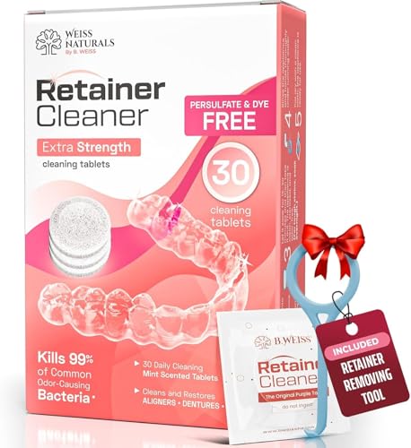 Weiss Naturals Retainer Cleaning Tablets Invisalign Cleaner Remove Stains Odors & Plaque FSA & HSA Eligible Night Guard Cleaner PERSULFATE & DYE-FREE 1-Month Supply Denture Cleaners 30 Tablets