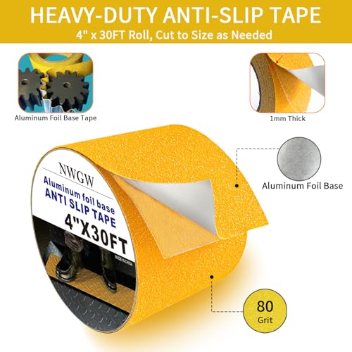 Image of Heavy Duty Aluminum Foil Anti-Slip Tape 4 inch x30FT Yellow - Industrial Safety Grip for Warehouse Stairs, Pool Decks & High-Traffic Walkways - Waterproof Traction Tape