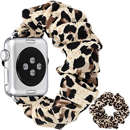 fastgo Compatible with Apple Watch Bands Scrunchies 38mm 40mm Soft Printed Fabric Cloth Wristband Girls Women Elastic Bracelet Hair Scrunchy Strap 42mm 44mm for IWatch SE (Leopard, 38mm/40mm)