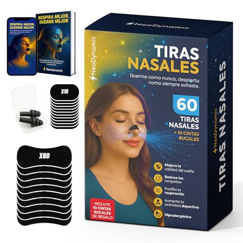 60 Tiras Nasales Deportivas + 10 Mouth Tape + Tapones oidos + E-Book de Regalo, tiras nasales para dormir, nose strips, tiritas nariz respirar, respirar mejor por la nariz, tiras antironquidos nasal
