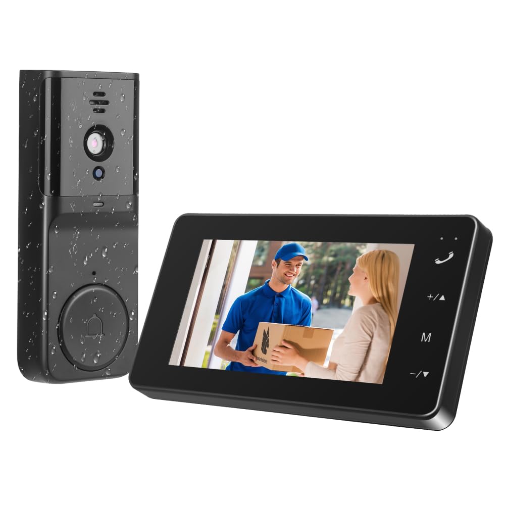 Video Campanello con Telecamera, 1080P HD Wireless Campanello, IP65 Impermeabile, Display IPS da 4,3" con Citofono e Visione Notturna, Angolo di Rilevamento 80° (Nero)