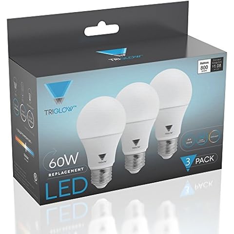 TriGlow LED Light Bulbs, 60 Watt Equivalent (9 Watt) A19 LED Bulb, Color Daylight (5000K) 800 Lumen, Non-Dimmable, 3-Pack Cover
