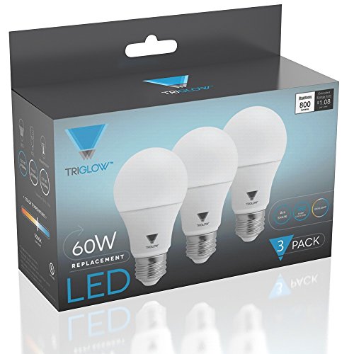 TriGlow LED Light Bulbs, 60 Watt Equivalent (9 Watt) A19 LED Bulb, Color Daylight (5000K) 800 Lumen, Non-Dimmable, 3-Pack