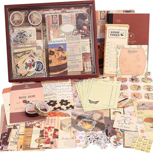Image of VOTDOT (346Pcs) Paper Junk Journal & Scrapbook Kit, Scrapbooking Supplies Kit with Creative Decor Journaling Supplies, Stationery, Stickers, A6 Grid Notebook with Graph Ruled Page Gift for Girl (Brown Scrapbook)