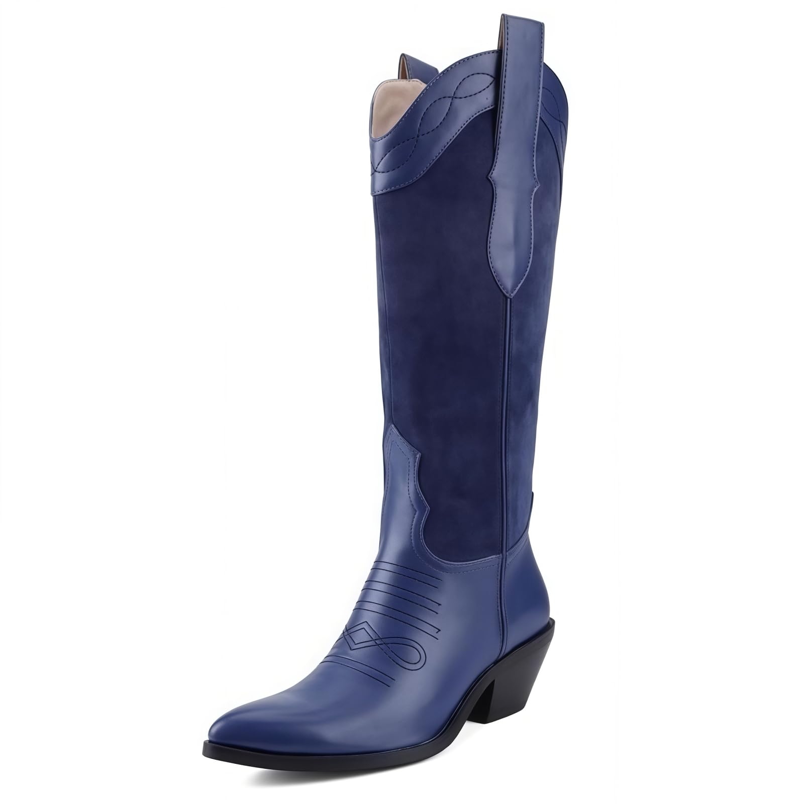 Cowboy Boots for Women Comfortable Chunky Heel Embroidered Western Knee High Boots with Pointed Toe for Wedding Country