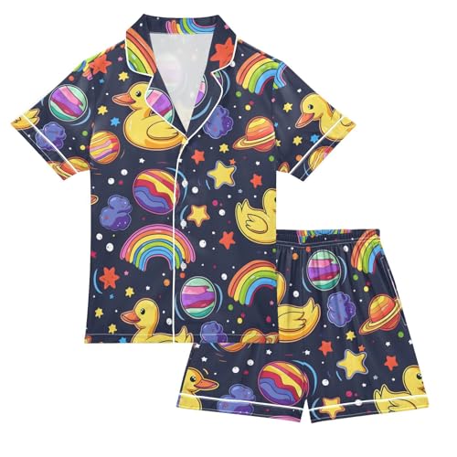 ALAZA Space Duck Planet Rainbow Pajamas Satin Pajama Set Short Sleeve Button Down Sleepwear