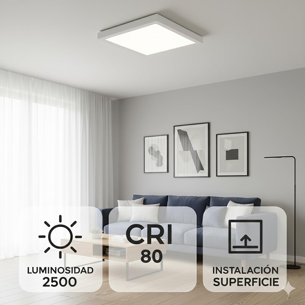M Ledme - Panel de Superficie Serie Slim Cuadrado 25W, 2500lm, Luz Cálida (3000k). Lámpara de techo de interiores IP20. Ideal para Cocina, Dormitorio., Baño. Instalación sencilla, LM5258.