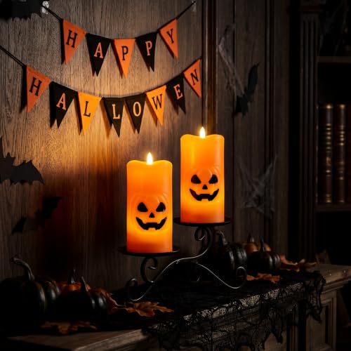 Image of Halloween Pumpkin Flameless Pillar Candles with 6H Timer, 2PCS