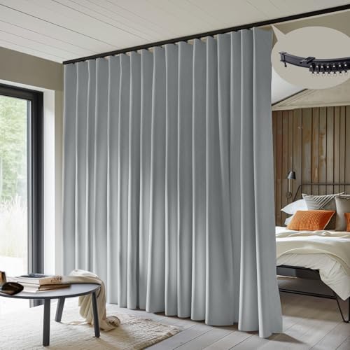 Image of MaKefeile Room Divider Curtains with Flexible Ceiling Curtain Tracks Set,100% Blackout Floor to Ceiling Curtains Patio Sliding Door Curtains (Grey Drape & Black Rail W 15 x H 7 FT)
