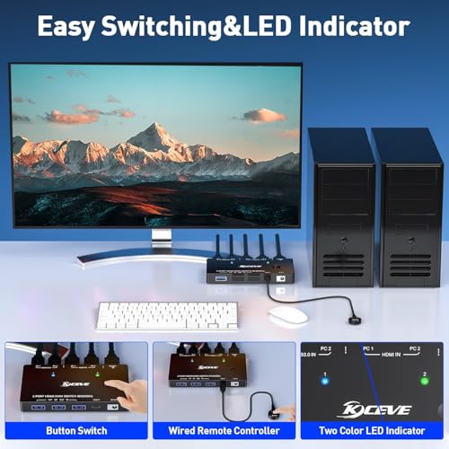 Image of 8K HDMI KVM Switch 1 Monitors 2 Computers, 8K@60Hz /4K@120Hz KVM Switch for 2 Computers Sharing 1 Monitors, Keyboard, Mouse,with 2 USB Cables,Controller and Power Adapter