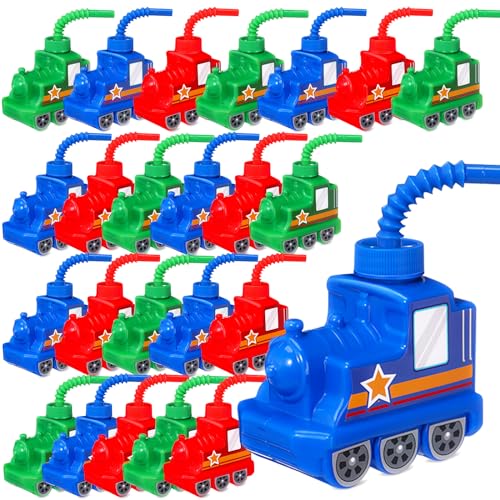 Tanlade 24 Sets 10 oz Train Cups for Kids Bulk Plastic Traffic Vehicle Shape Cup with Straw Train Birthday Party Decorations Supplies for Car Birthday Party Favors