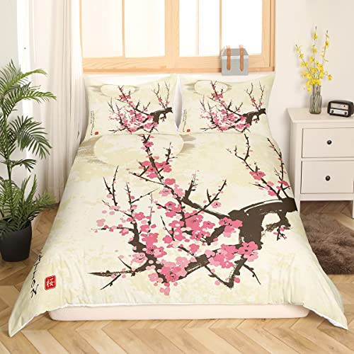 Pink Cherry Blossoms Comforter Cover, Japanese-Style Duvet Cover for Adult Women Girls Romantic Theme Bedding Collections Boys Teens Nature Flowers Bedding Set with 2 Pillowcases, King Size
