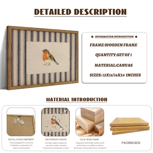 Image of Framed Robin Bird Wall Art, Striped Nature Watercolor Canvas Print, Country Farmhouse Wall Decor, Vintage Cottagecore Animal Picture Artwork for Living Room Bedroom Bathroom 12x16 inch
