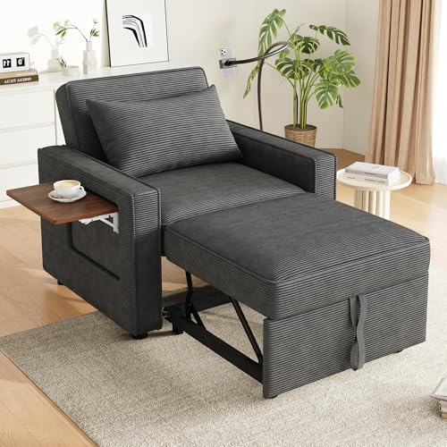 Kebnor Sofá cama plegable multifuncional con puerto de carga USB y soporte para teléfono móvil, 1 plaza, sofá cama convertible, ahorra espacio para salón y dormitorio, tela de pana (gris)