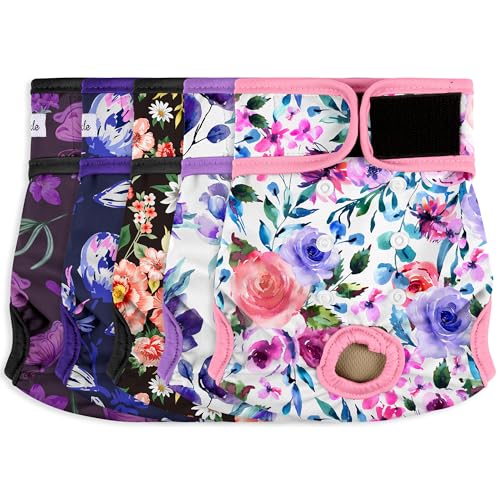 Image of Washable Female Dog Diapers (5 Pack) - Doggie Reusable Large Dog Diapers for Doggy Puppy Female in Period - Highly Absorbent Dog Heat Panties,S Plus,Flowers