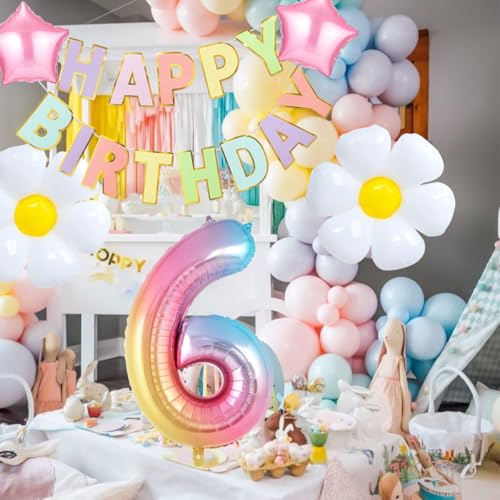 Pasiihol Happy 6th Birthday Decorations For Girls, Pastel Rainbow Party Decorations, 21 Pieces Including 6 Balloon Number, Daisy & Star Balloons, 12 Inch Pastel Balloons, Ribbon & Straw by Pasiihol - Used condition - Image 5
