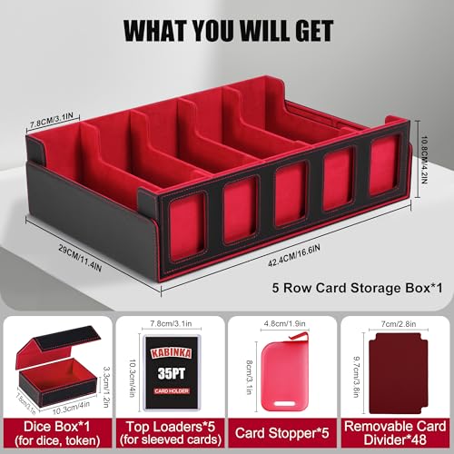 Image of Trading Card Storage Box with Commander Display , 5-Row Deck Case with Removable Lid; 3900+ Card Deck Box for MTG TCG Sports Card, 5 Top Loaders, 5 Stoppers, 48 Dividers,1 Dice Tray (Black Red)