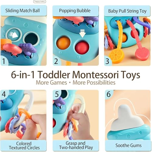 Image of Cable World 5 in 1 Montessori Pull String for Babies & Toddlers | Silicone Sensory Teething Toy with Pop Bubble, Sliding Ball & Textured Rings | Educational Fine Motor Skill Toy for Baby