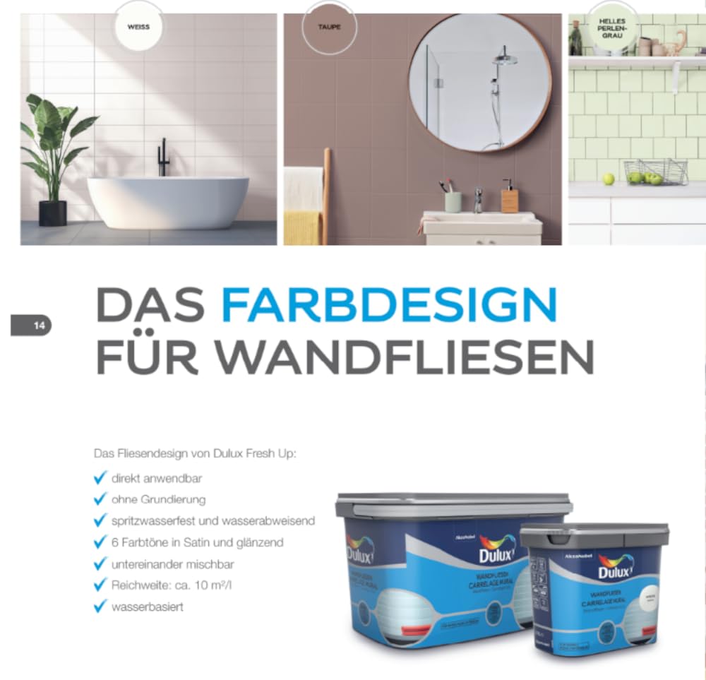Dulux Fresh up Wandfliesenfarbe Satin, Frische Farbe für Ihr Bad, Weiß, 750 ml
