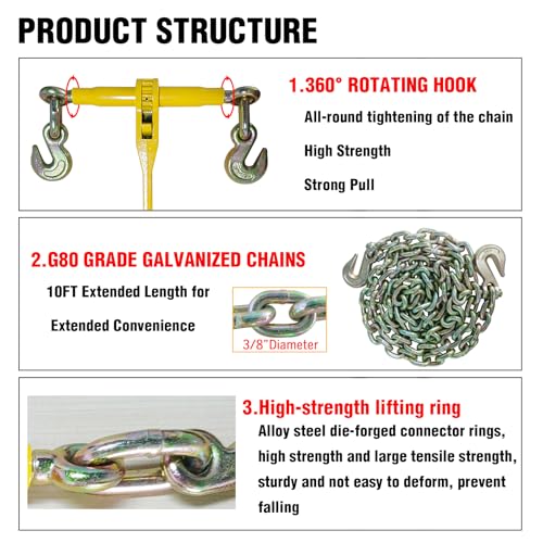 Image of Ratchet Chain Binders - Heavy Duty 3 /8 inch -1 /2 inch Load Binders with Grab Hooks,9200 lbs Working Load Limit,4-Pack,for Grade 70 Transport Chains,Ideal for Towing,Hauling, and Flatbed Trailers