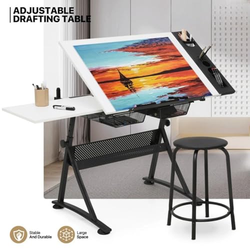 Height Adjustable White Art Desk with Stools, Tilting 0°-65° Tabletop Drafting Drawing Table with Extra Large Desktop and Drawers