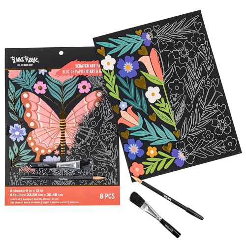 brea reese scratch art paper pad - butterfly garden - 6 designs metallic guided art dual-tip stylus amp brush easy-to-frame 9x12 pages adult craft