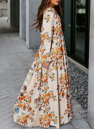 Image of BLENCOT Womens Casual Boho Floral Printed V Neck Long Sleeve Long Maxi Dress Spring Summer Dresses