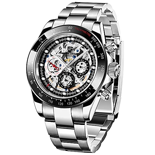 HaiQin Pagani Design 1653 Skeleton Automatic Watches for Men, Diamond Bezel Stainless Steel 100M Waterproof Self Winding Stylish Casual Wrist Watch