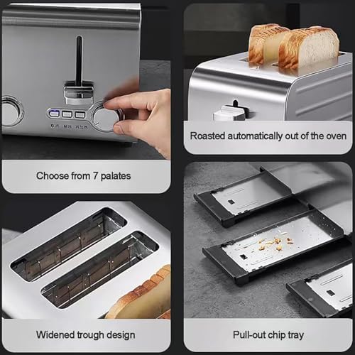 Fully Automatic Stainless Steel Toaster, 2/4/6 Slice with Extra Wide Slots, Defrost/Reheat/Cancel Functions, 7 Adjustable Browning Levels for Home & Commercial Use.