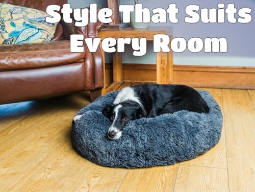Woof & Whiskers Donut Dog Bed Dark Grey Medium 70cm – Calming Round Plush Pet Bed for Dogs & Cats | Anti-Anxiety Cuddler Bed, Non-Slip Base, Soft, Machine Washable (Dark Grey, 70cm) - Image 2