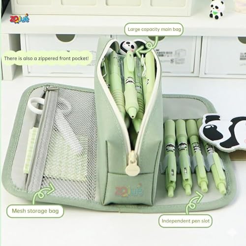 Image of WORSHIPER Large Capacity Cute Aesthetic Pencil Case with Multi ompartments, Multi-Pocket Pastel Pen Pouch Organizer with Zipper, Kawaii School Supplies Bag for Girls (Panda Black Pouch + Eraser)