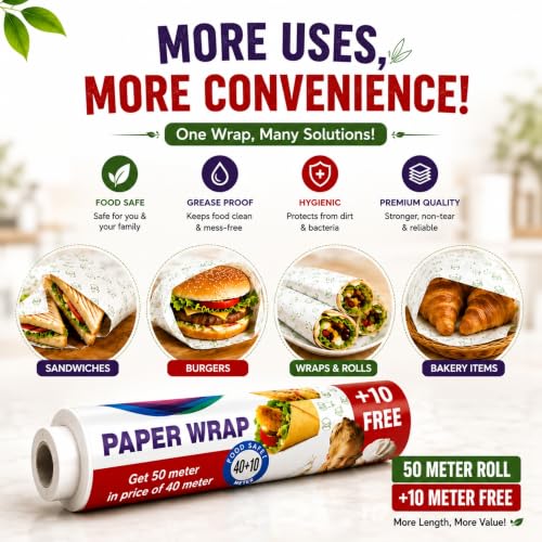 Image of Feather's Multipurpose Food Wrapping Paper Roll | Pack of 1, 50m | Baking Butter Paper | Parchement Paper for Baking and Air Fryer | Roti, Sandwich, Rolls, Lunch and Packaging