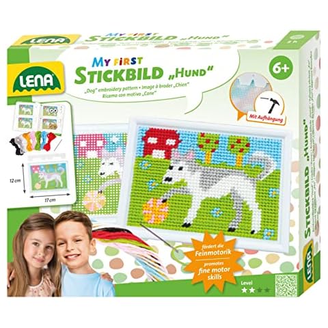 Lena 42626 - Bastelset Stickbild Hund, Komplettset mit Stickrahmen, stumpfer Nadel aus Metall, Wollgarn, Stickgitter mit Vordruck und Anleitung, Stickset für Kinder ab 6 Jahre, Set zum Sticken Lernen Cover